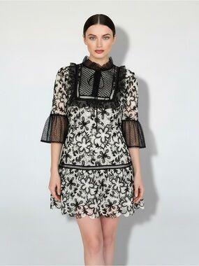 Self-Portrait Black White Floral Guipure Lace Mini Dress Bell Sleeve UK10/US6